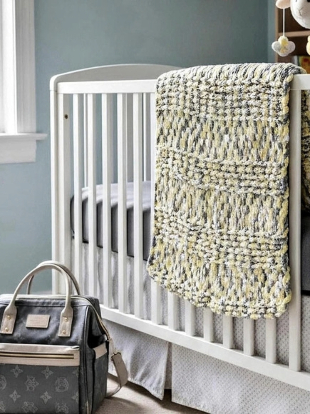 Handcrafted Baby Blanket In A Textured Abstract Design in Yellow & Gray